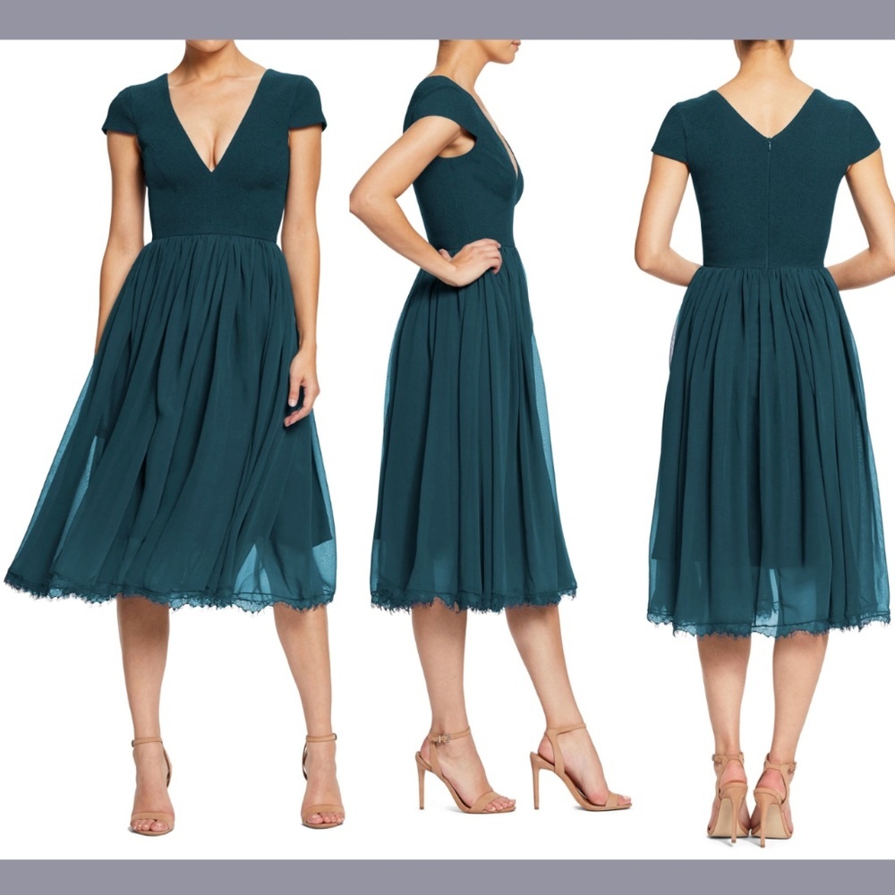 NEW Dress the Population [ XXS ] Corey Chiffon Fit & Flare Dress PINE Green‎